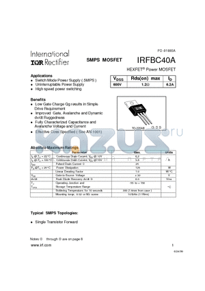 IRFBC40A datasheet - Power MOSFET(Vdss=600V, Rds(on)max=1.2ohm, Id=6.2A)