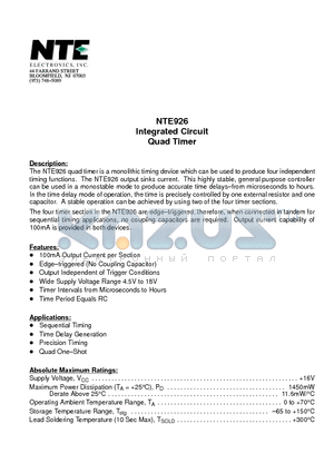 NTE926 datasheet - Integrated Circuit Quad Timer