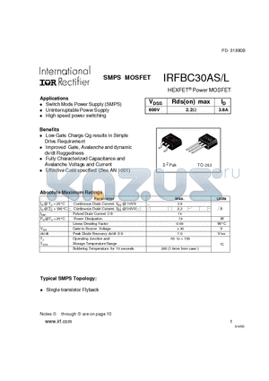 IRFBC30L datasheet - Power MOSFET(Vdss=600V, Rds(on)max=2.2ohm, Id=3.6A)