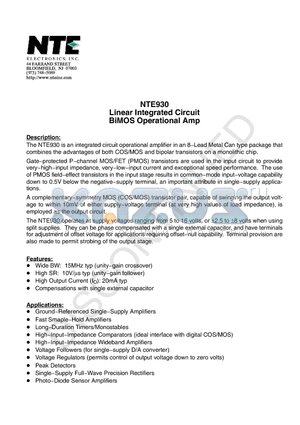 NTE930 datasheet - Linear Integrated Circuit BiMOS Operational Amp