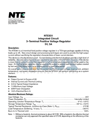 NTE931 datasheet - Integrated Circuit 3-Terminal Positive Voltage Regulator 5V, 3A