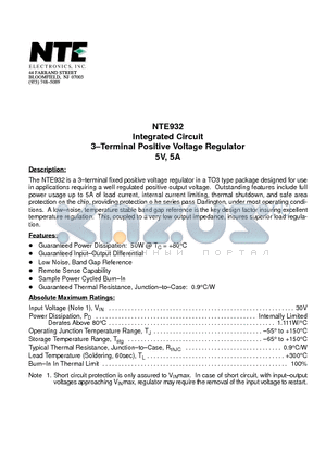 NTE932 datasheet - Integrated Circuit 3-Terminal Positive Voltage Regulator 5V, 5A