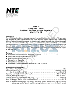 NTE934 datasheet - Integrated Circuit Positive 3 Terminal Voltage Regulator 13.8V a5%, 5A