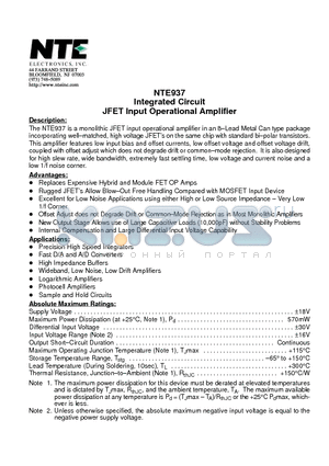 NTE937 datasheet - Integrated Circuit JFET Input Operational Amplifier