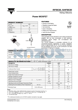 IRFBE20PBF datasheet - Power MOSFET