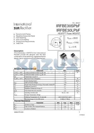 IRFBE30LPBF datasheet - HEXFET  Power MOSFET