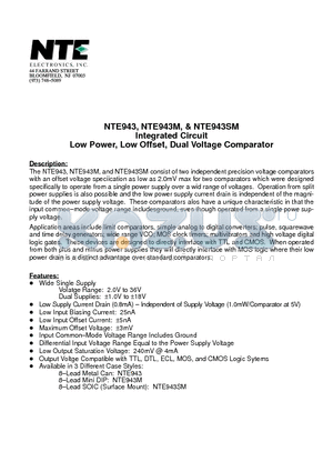 NTE943M datasheet - Integrated Circuit Low Power, Low Offset, Dual Voltage Comparator