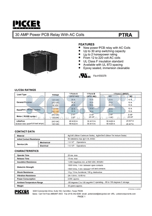 PTRA1C-120T datasheet - 30 AMP Power PCB Relay With AC Coils
