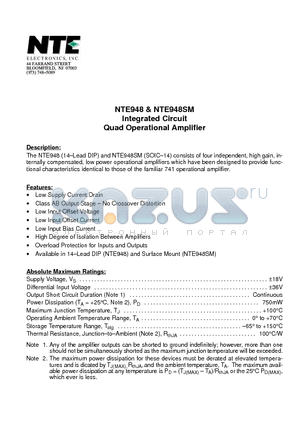 NTE948 datasheet - Integrated Circuit Quad Operational Amplifier