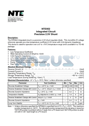 NTE952 datasheet - Integrated Circuit Precision 2.5V Shunt