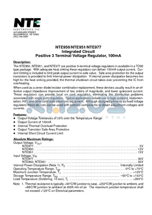 NTE951 datasheet - Integrated Circuit Positive 3 Terminal Voltage Regulator, 100mA