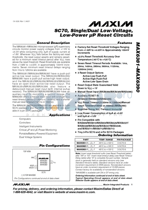 MAX6386 datasheet - SC70, Single/Dual Low-Voltage, Low-Power lP Reset Circuits
