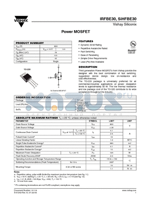 IRFBE30PBF datasheet - Power MOSFET