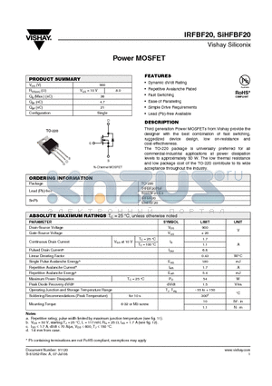 IRFBF20 datasheet - Power MOSFET