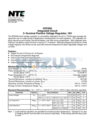 NTE958 datasheet - Integrated Circuit 3-Terminal Positive Voltage Regulator, 18V