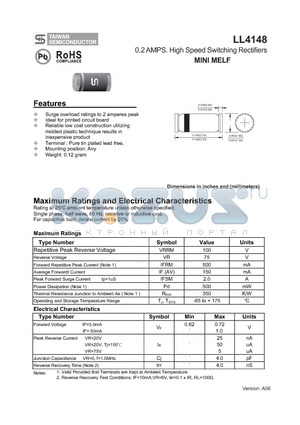 LL4148 datasheet - 0.2 AMPS. High Speed Switching Rectifiers