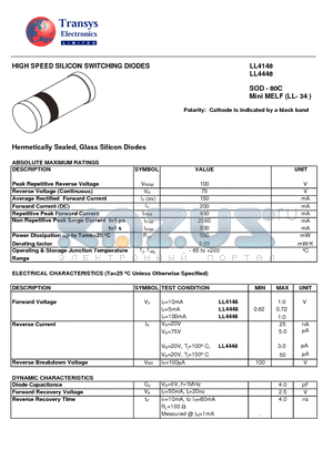 LL4148 datasheet - HIGH SPEED SILICON SWITCHING DIODES