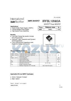 IRFBL10N60A datasheet - HEXFET Power MOSFET