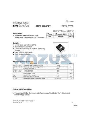 IRFBL3703 datasheet - Synchronous Rectification in High Power High Frequency DC/DC Converters