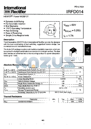 IRFD014 datasheet - Power MOSFET(Vdss=60V, Rds(on)=0.20ohm, Id=1.7A)