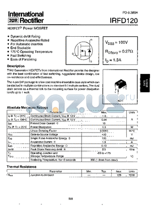IRFD120 datasheet - Power MOSFET(Vdss=100V, Rds(on)=0.27ohm, Id=1.3A)