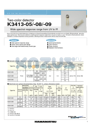 K3413-08 datasheet - Two-color detector Wide spectral response range from UV to IR