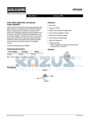 IRFD220 datasheet - 0.8A, 200V, 0.800 Ohm, N-Channel Power MOSFET