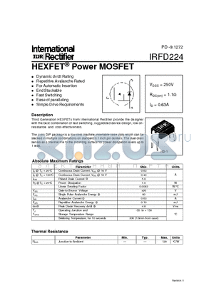 IRFD224 datasheet - Power MOSFET(Vdss=250V, Rds(on)=1.1ohm, Id=0.63A)