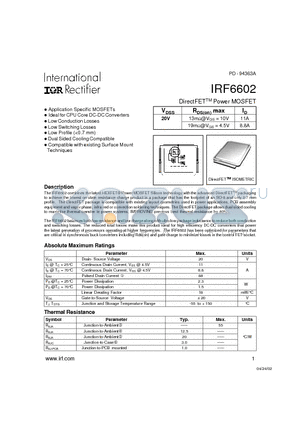 MOSFETIRF6602 datasheet - DirectFET Power MOSFET(Vdss=20V)