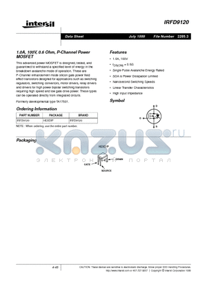 IRFD9120 datasheet - 1.0A, 100V, 0.6 Ohm, P-Channel Power MOSFET