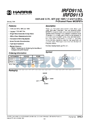 IRFD9113 datasheet - -0.6A and -0.7A, -80V and -100V, 1.2 and 1.6 Ohm, P-Channel Power MOSFETs