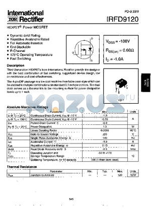 IRFD9120 datasheet - Power MOSFET(Vdss=-100V, Rds(on)=0.60ohm, Id=-1.0A)