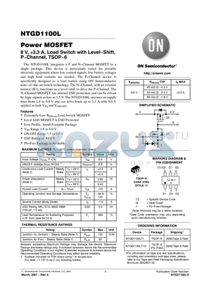 NTGD1100LT1 datasheet - Power MOSFET 8 V, ^.3 A, Load Switch with Level−Shift, P−Channel, TSOP−6