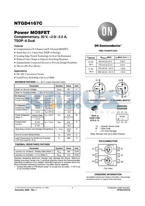 NTGD4167CT1G datasheet - Power MOSFET Complementary, 30 V, 2.9/−2.2 A, TSOP−6 Dual