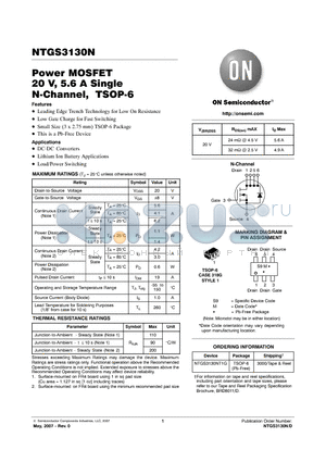 NTGS3130N datasheet - Power MOSFET 20 V, 5.6 A Single N-Channel, TSOP-6