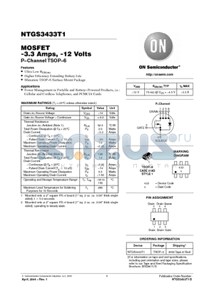 NTGS3433T1 datasheet - MOSFET -3.3 Amps, -12 Volts