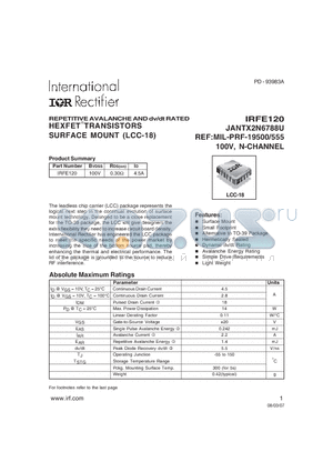 IRFE120_07 datasheet - REPETITIVE AVALANCHE AND dv/dt RATED HEXFET TRANSISTORS SURFACE MOUNT (LCC-18)