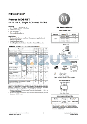NTGS3136PT1G datasheet - Power MOSFET -20 V, -5.8 A, Single P-Channel, TSOP-6