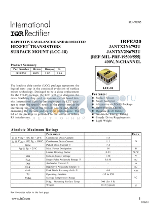 IRFE320 datasheet - REPETITIVE AVALANCHE AND dv/dt RATED HEXFET TRANSISTORS SURFACE MOUNT (LCC-18)
