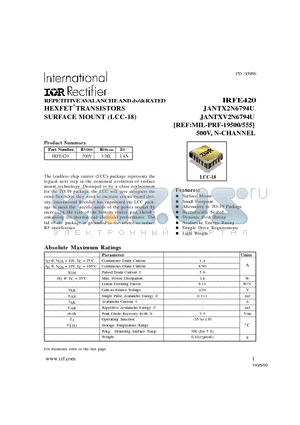 IRFE420 datasheet - REPETITIVE AVALANCHE AND dv/dt RATED HEXFET TRANSISTORS