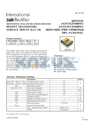 IRFE9230 datasheet - REPETITIVE AVALANCHE AND dv/dt RATED HEXFET TRANSISTORS SURFACE MOUNT (LCC-18)