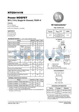 NTGS4141NT1G datasheet - Power MOSFET 30 V, 7.0 A, Single N−Channel, TSOP−6