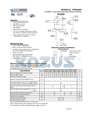 HERA801G datasheet - 8.0AMPS. Glass Passivated High Efficient Rectifiers