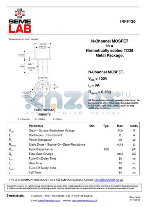 IRFF130 datasheet - N-Channel MOSFET in a Hermetically sealed TO39