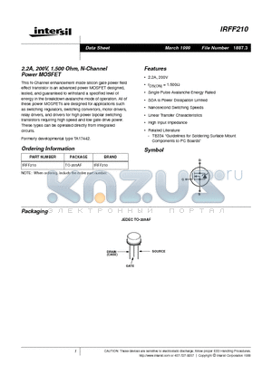 IRFF210 datasheet - 2.2A, 200V, 1.500 Ohm, N-Channel Power MOSFET