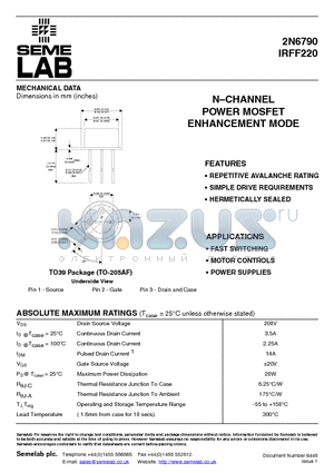 IRFF220 datasheet - NCHANNEL POWER MOSFET