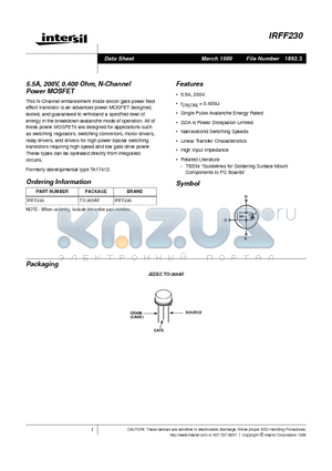 IRFF230 datasheet - 5.5A, 200V, 0.400 Ohm, N-Channel Power MOSFET
