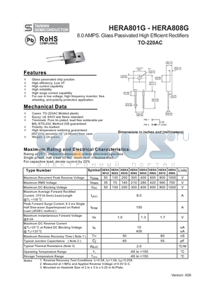 HERA804G datasheet - 8.0 AMPS. Glass Passivated High Efficient Rectifiers