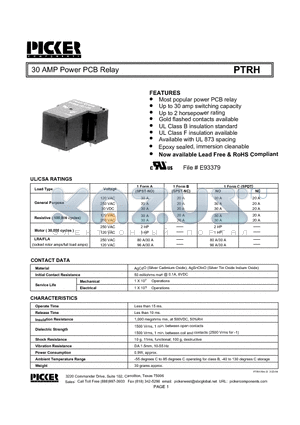 PTRH1B12F datasheet - 30 AMP Power PCB Relay