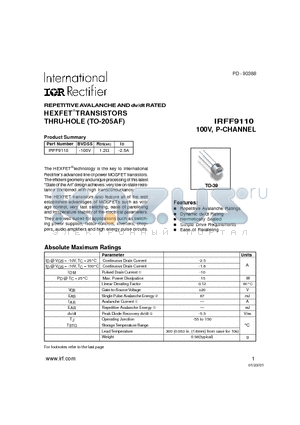 IRFF9110 datasheet - HEXFET TRANSISTORS THRU-HOLE (TO-205AF)